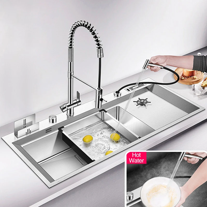 ASRAS Large Size Single Cup Rinser Kitchen Sink 4mm Thickness 220mm Depth With Drain Plate Knife Holder  Sinks 118*50CM