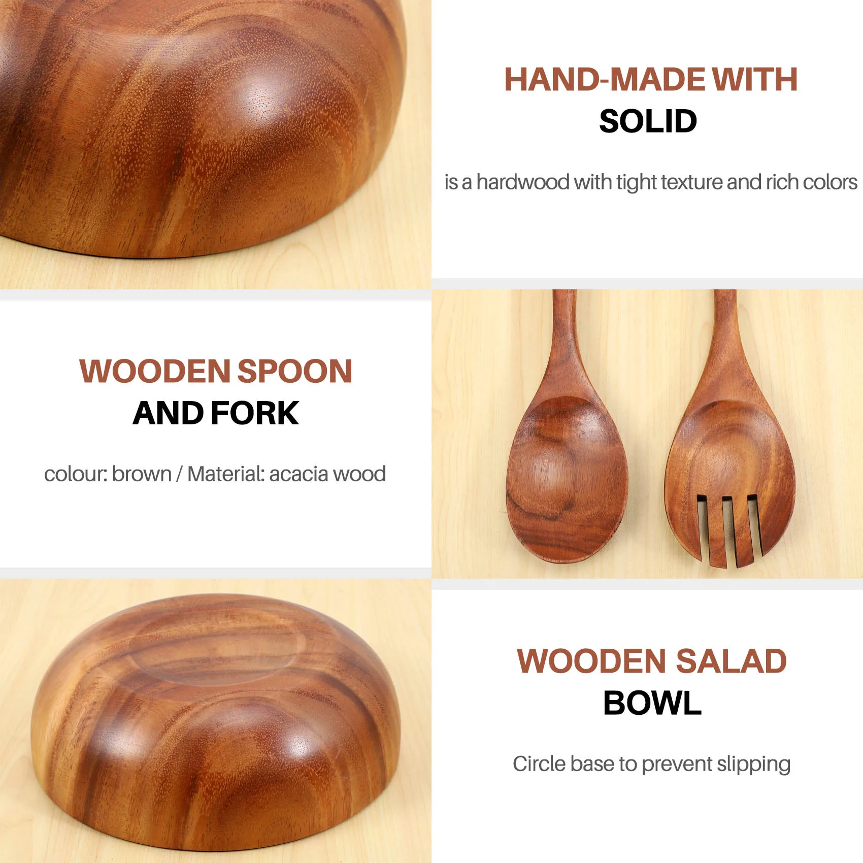 Wooden Salad Bowl- 9.4 Inch Wood Salad Wooden Bowl With Spoon, Can