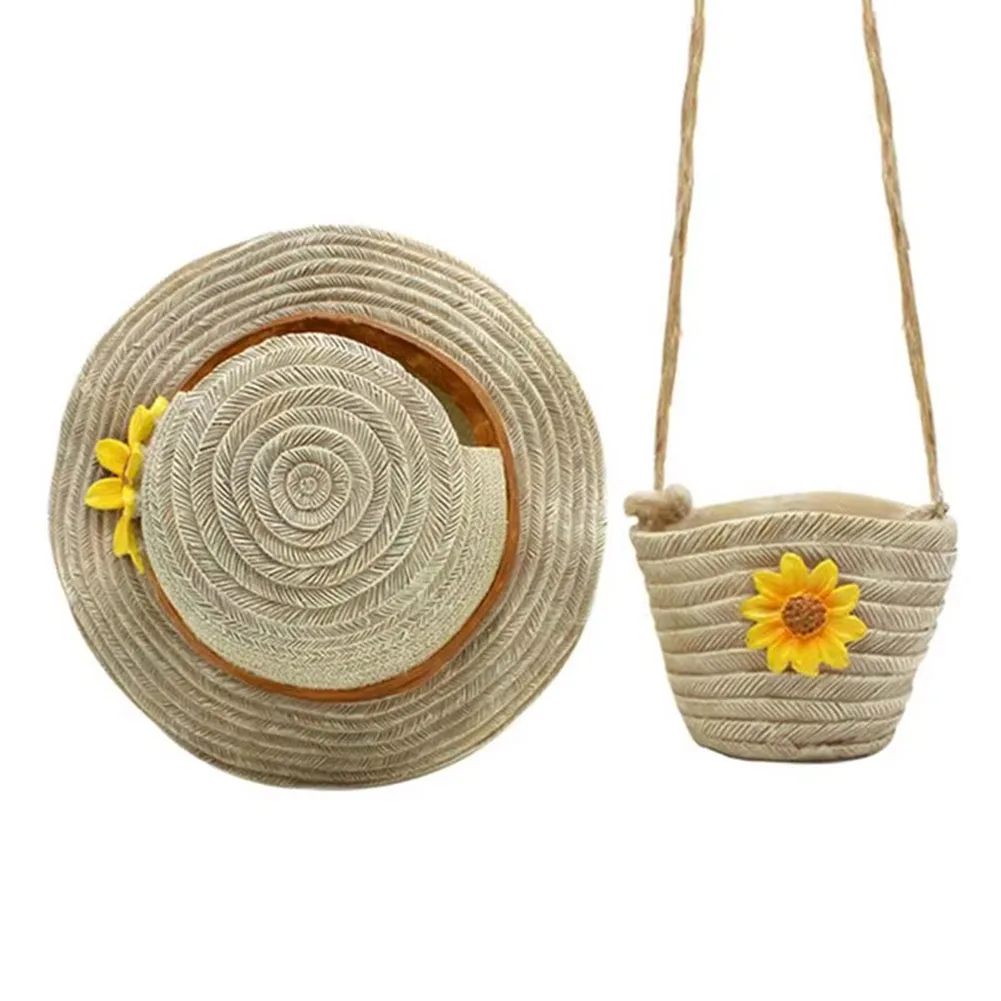 Boho Hat & Bag Planter Imitation Straw Planting Pot Resin Hanging Flower Pot Succulent Plant Pot for Balcony Garden Yard