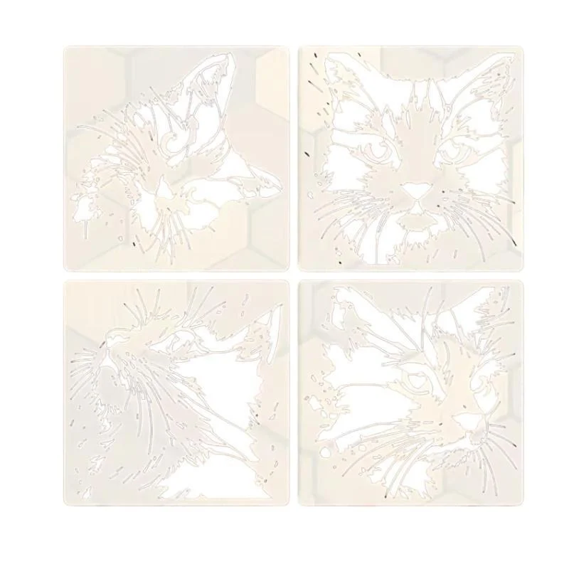 4개/세트 고양이 그림 스텐실, 귀여운 새끼 고양이 패턴이 있는 재사용 가능한 속이 빈 DIY 몰드, 나무 간판, 벽, 저널에 적합