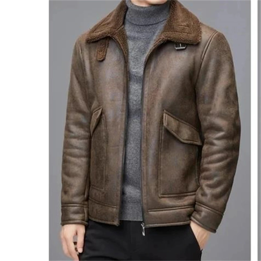 Description Picture 2 of itemJacket Plus Velvet Lapel Thick Warm Fashion 2024 Autumn Winter Men's Suede Boutique Imitation Leather Top Large Size PU Coats