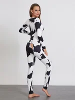 Women Buttoned Flap Jumpsuits Sleepwear Cow Printed Long Sleeve V Neck Bodycon Romper Spring Fall Loungewear - Image 4
