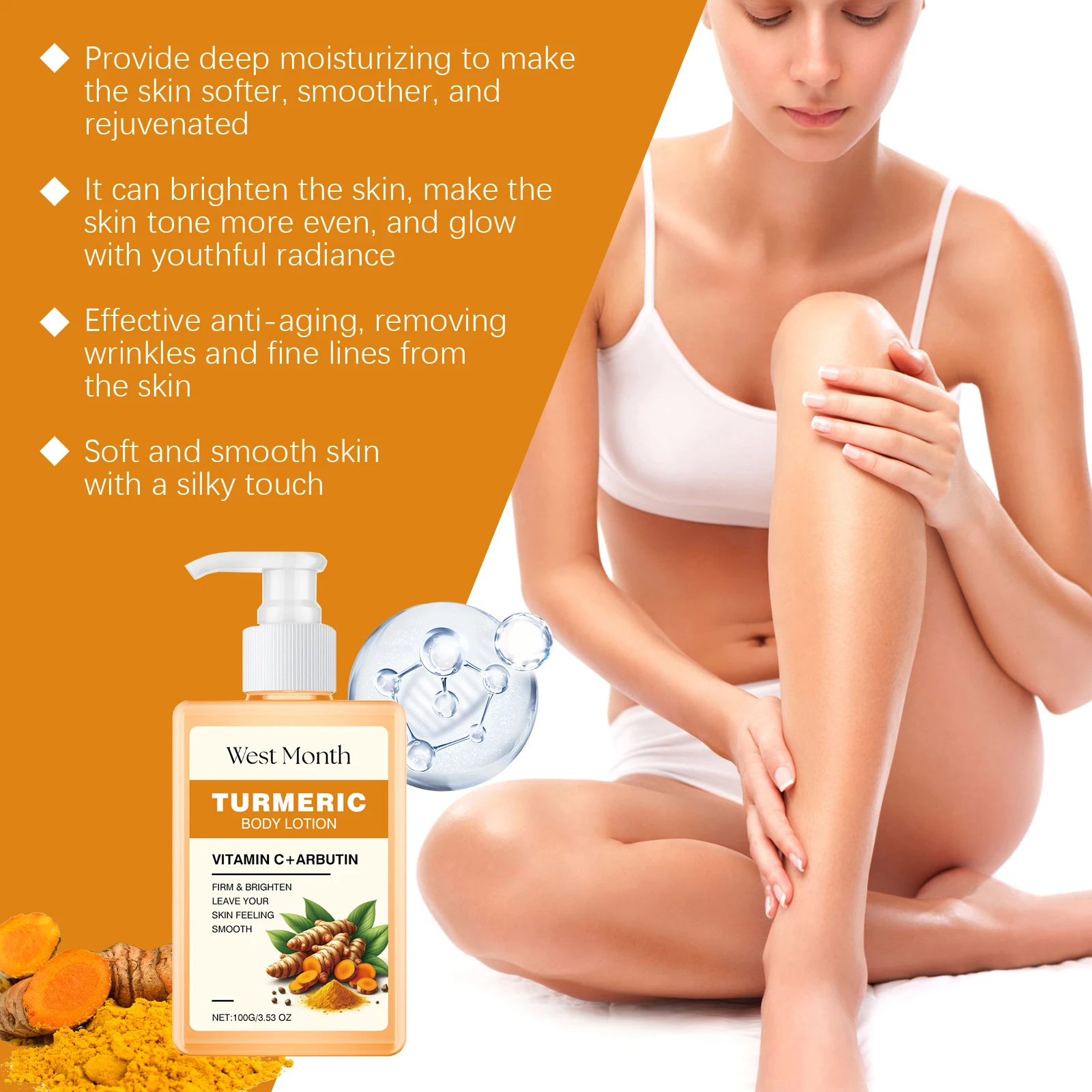 Turmeric Body Lotion Brightening Skin Radiance Rejuvenating Cream Improve Dullness Even Skin Tone Moisturizing Body Care Product 6