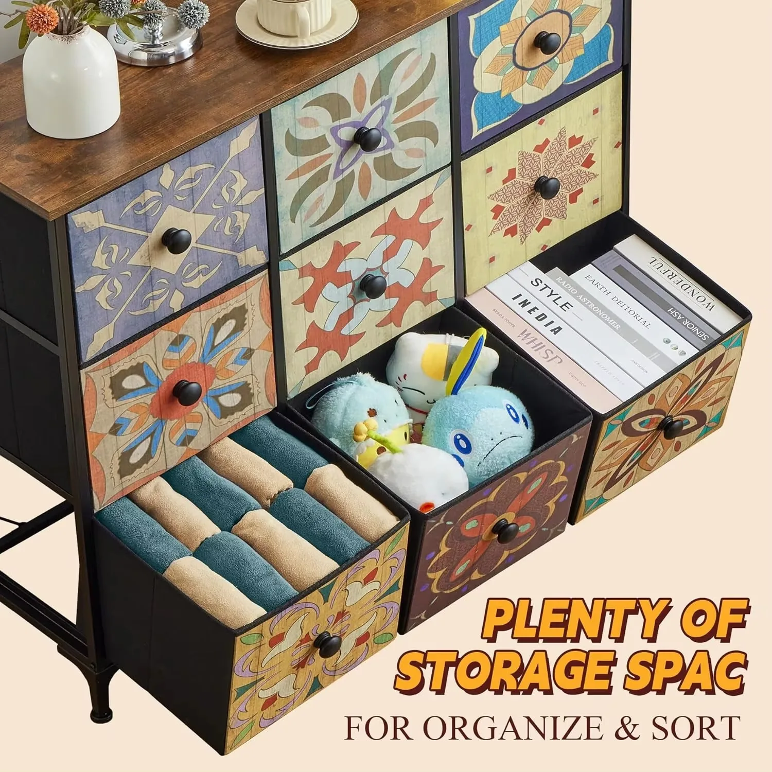 Dresser for Bedroom with 9 Drawers Boho Dressers & Chest of Drawers Fabric 9 Drawer Dresser for Closet, Entryway, Wooden Top 4