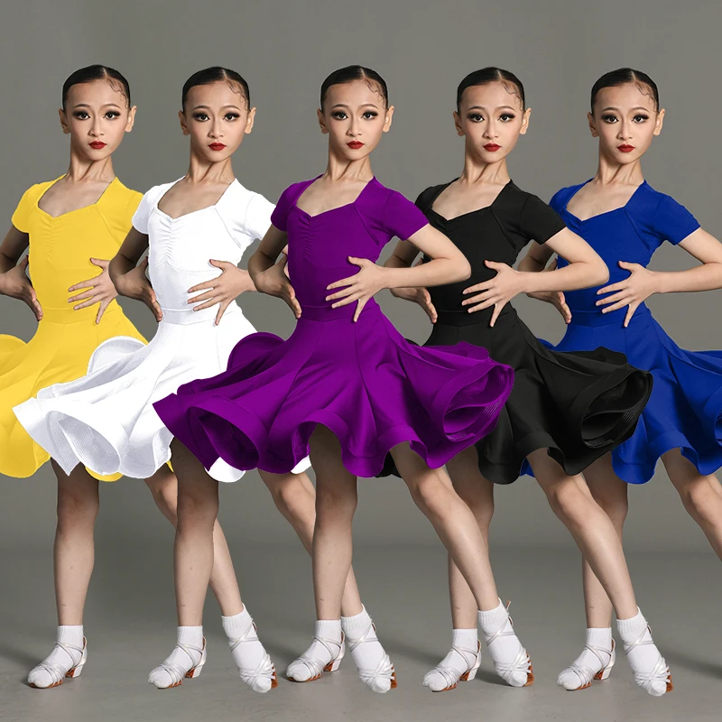 ballroom latin Line Short Sleeve dress girls american dance rumba cha cha samba tango costume competition practice wear kids