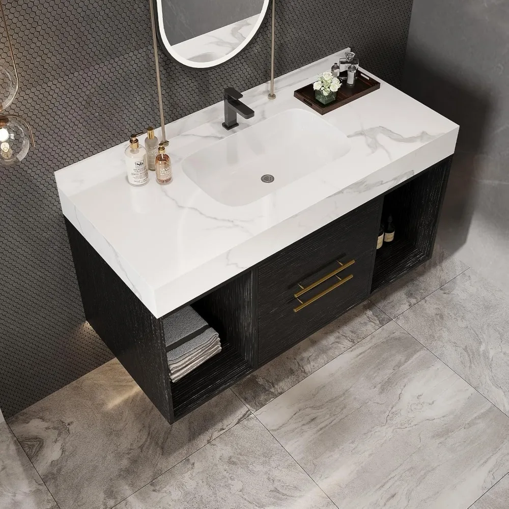40 Inch Modern Wall Mounted Bathroom Vanity with Ceramic Sink. Quick Assembly Solid Wood Floating Bathroom Vanity Cabinet 3