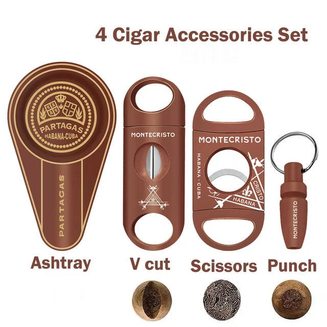 Brown 4 Cigar Set Cigar Cutter Pocket Ashtray V-Cut Sharp Cigar Scissors Guillotine Punch Knife Gadget Cuba Cigar Accessories