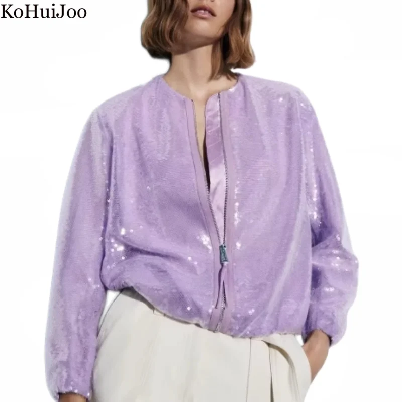 

Kohuijoo Autumn 2023 New Ladies Sequined Jacket Short Loose Sequins Coats Stand Collar Long Sleeve Women Bomber Jackets Pocket