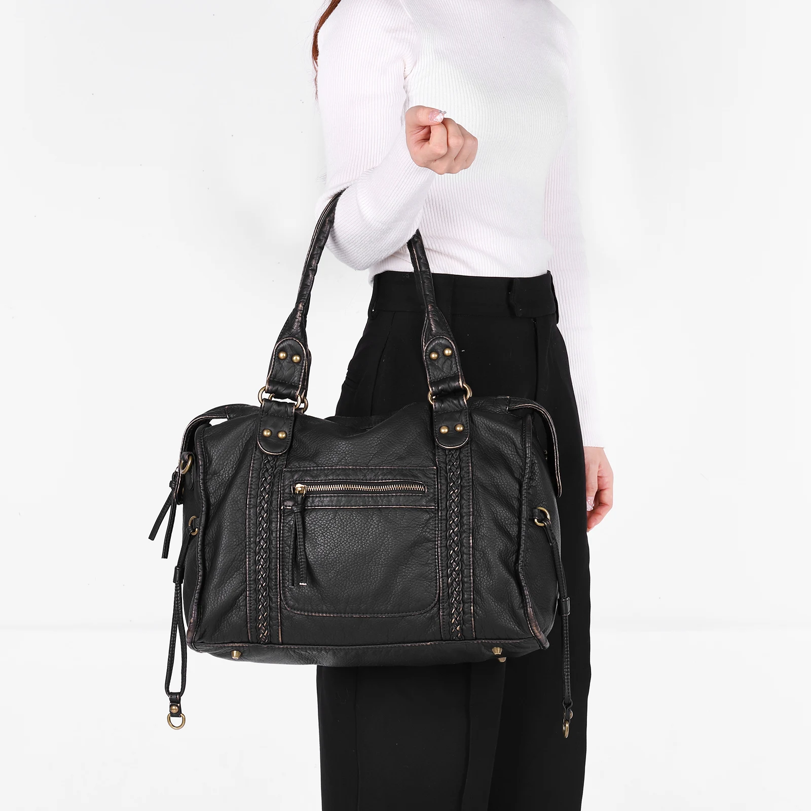 Women Girls PU Leather Y2K Top Handle Bag with Zipper Studded Crossbody Bags Adjustable Strap for Travel Shopping Work Daily Use