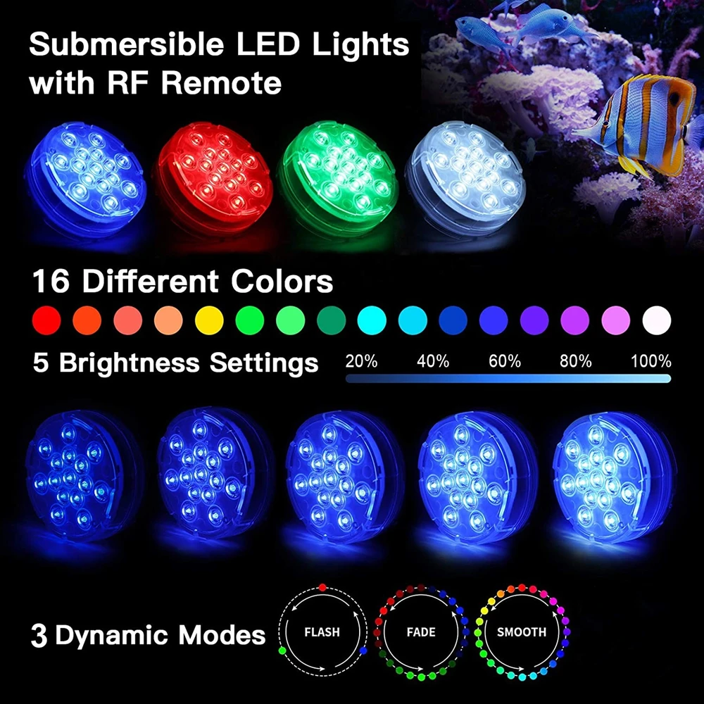 2022 Updated 15 LED Submersible Led Pool Lights IP68 Underwater RGB 20M Remote Swimming Pool Lamp with 5 Large Suction Cups submersible lights