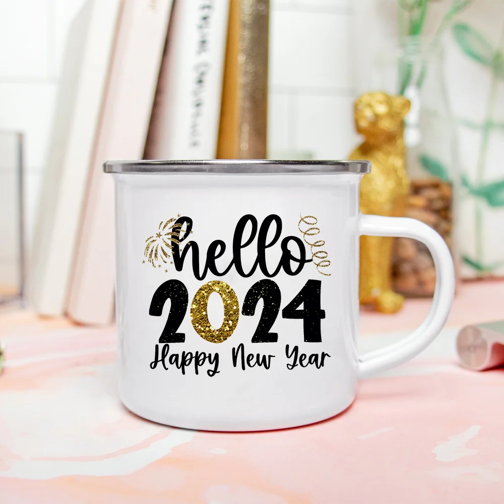 Hello 2024 Printed Enamel Mugs Coffee Cups Happy New Year Party Wine Juice  Mug Hot Cocoa Cup New Year Gifts for Family Friends - AliExpress