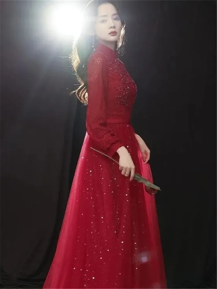 Wine Red Dress Women Spring Autumn New Solid Color Stand