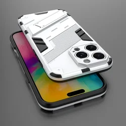 Enhanced Shockproof Armor Phone Case with Holder and Hard Bumper Cover - iPhone 15 Plus (White)