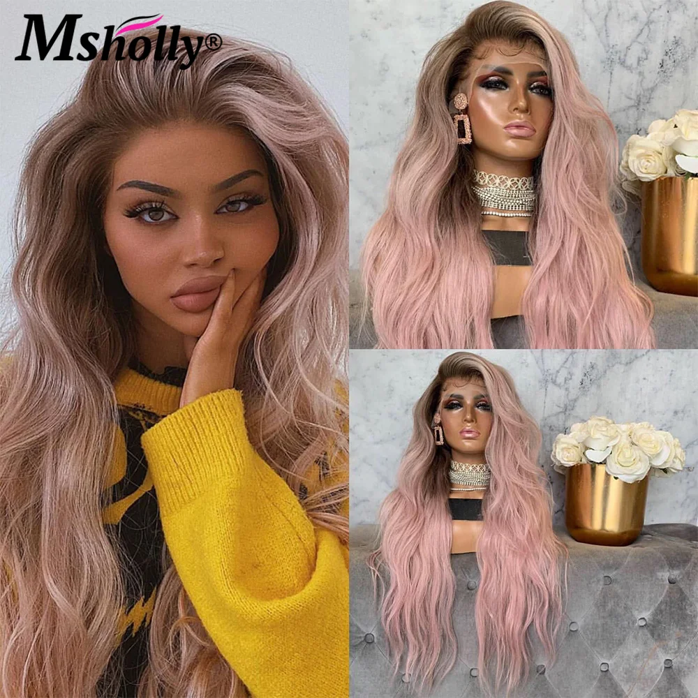 Ombre 13x4 Lace Front Wig Human Hair Pink Colored Body Wave Dark Roots