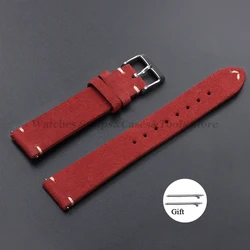 Vintage Genuine Suede Leather Handmade Quick Release Watch Strap Bracelet - 22mm (Red)