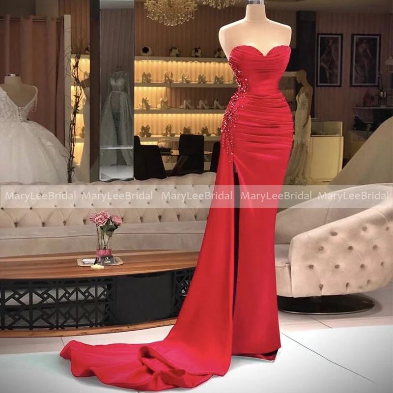 Sweetheart Red Satin Evening Dresses With Delicate Beads High Slit Pleat Mermaid Prom Gowns Long Formal Dress robes de soirée sexy ball gowns