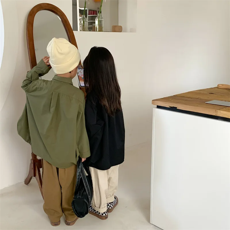 Korean style unique design solid color shirts Unisex Children cotton loose shirt Tops
