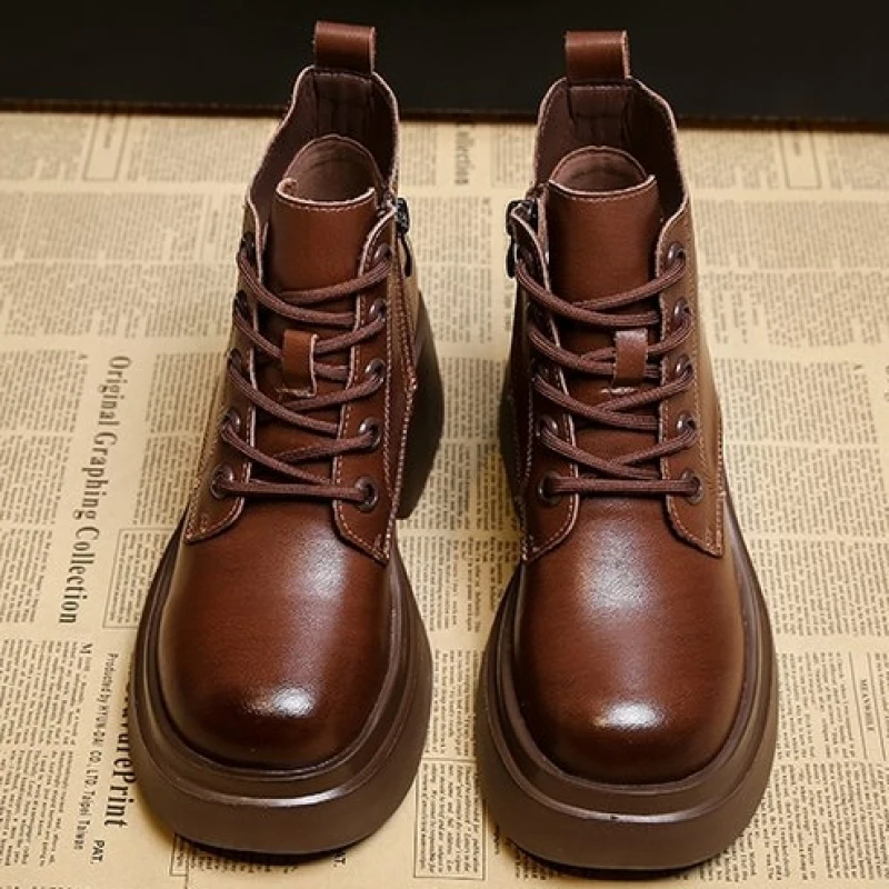2024 NEW Fashion Casual Round-toe women's boots lace-up thick-soled boots women's handmade shoes retro women's shoes thick heels