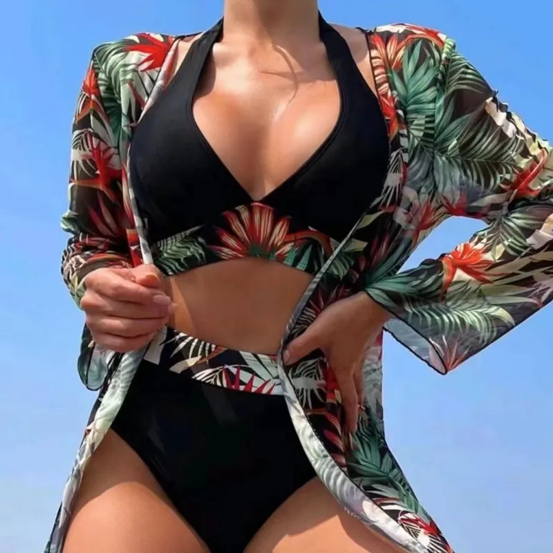 

Женский купальник из 3 предметов, с принтом листьев, с лямкой через шею, с завязкой сбоку, комплект бикини с накидкой, купальник с высокой талией, купальный костюм 2024