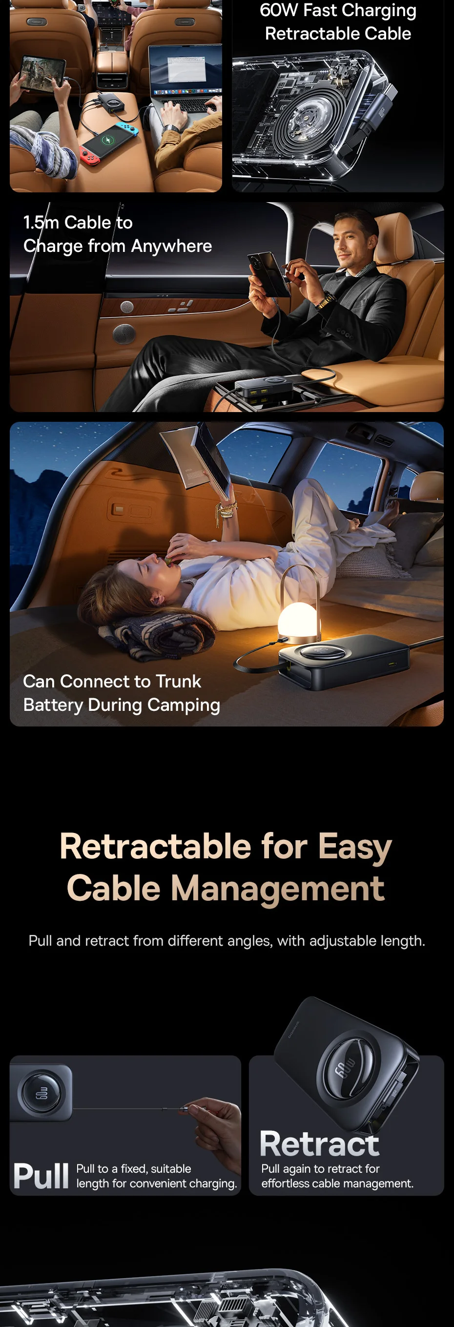 60W Car Charger Retractable Fast Charging Rear Seat 6 Ports Extension Cigarette