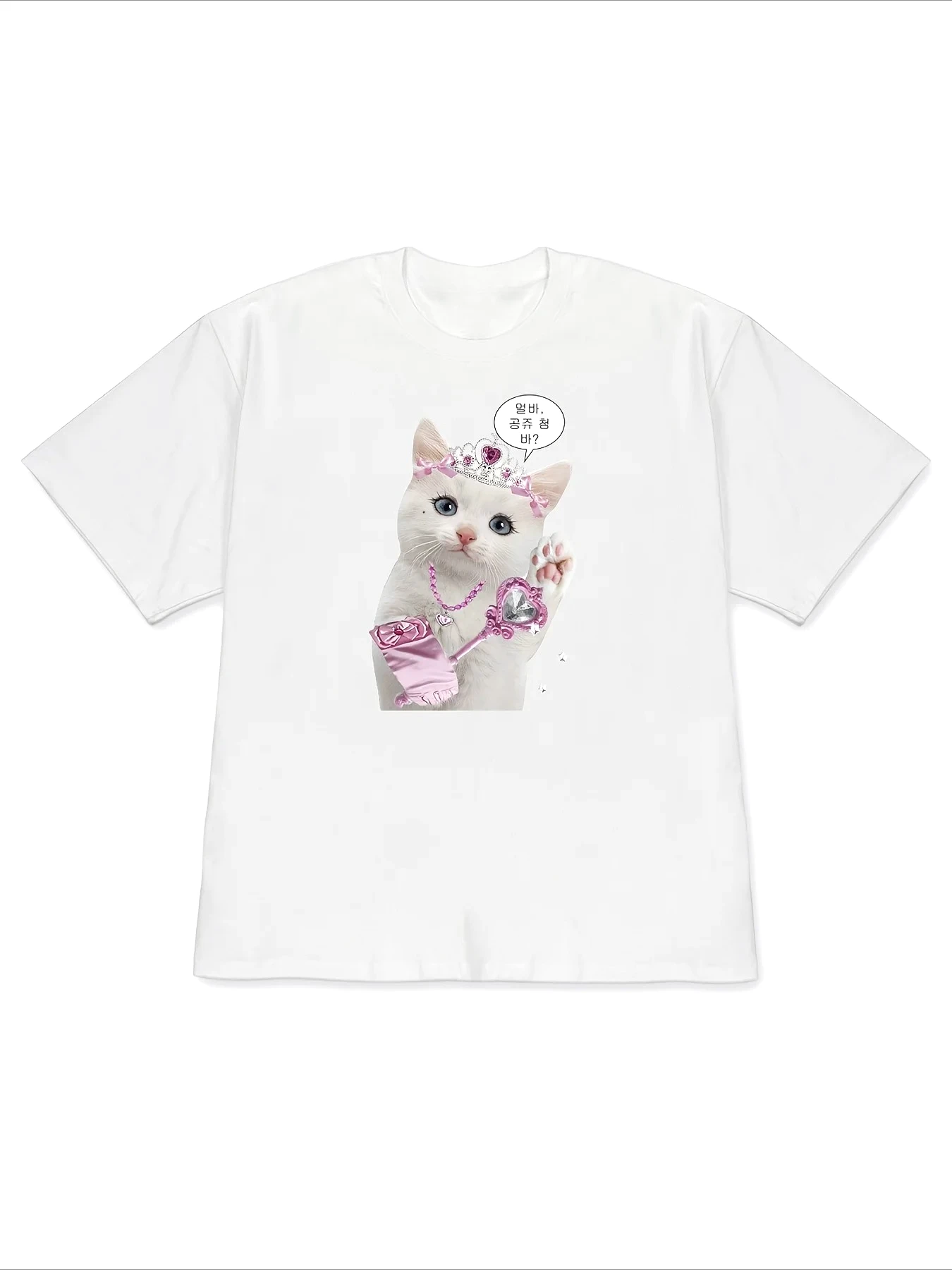 Lustiges Prinzessinnen-Katzen-Grafik-T-Shirt für Damen, Sommer, kurzärmelig, rosa Tiara, Kawaii, Harajuku-Kleidung mit vielen koreanischen Bewertungen für Damen