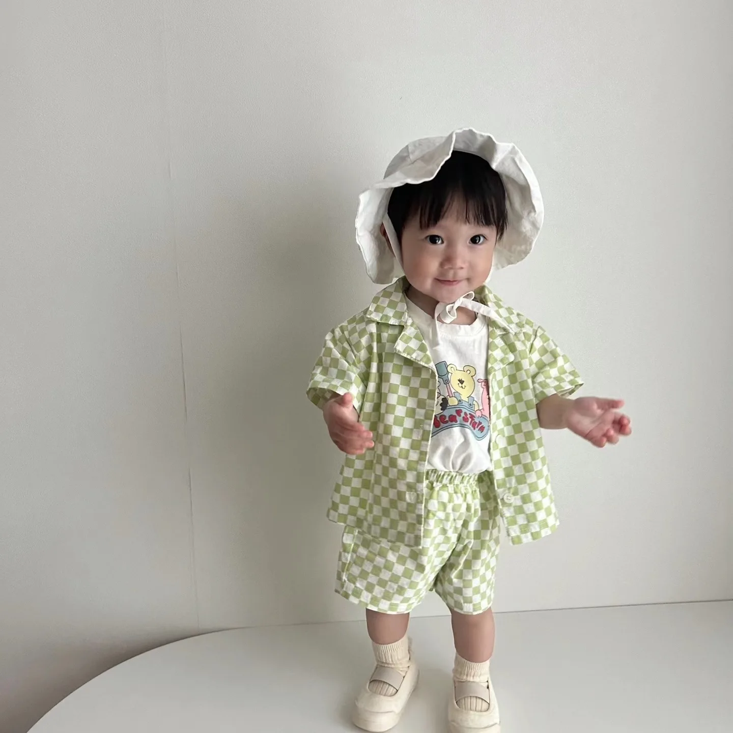 

Korean Summer 2024 Baby Boy 2PCS Clothes Muslin Plaid Short Sleeve T-Shirt Suit Homewear Elastic Waist Shorts Infant Boy Outfits