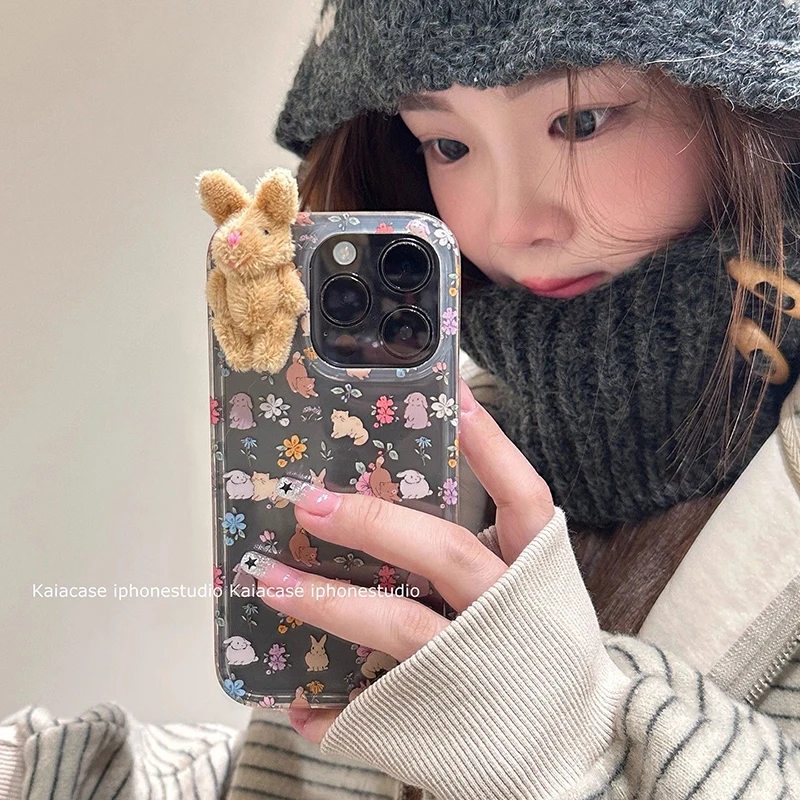 3D Plush Rabbit Cartoon Transparent Soft Phone Case