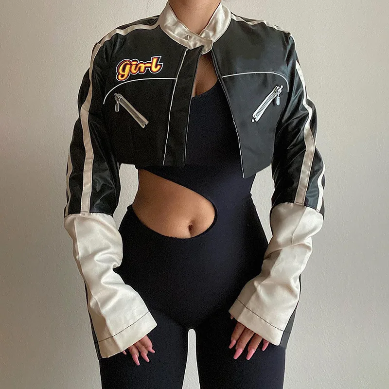 

Moto Crop Jacket Y2K Patchwork Color Motorcycle Girls PU Leather Short Jacket Women Fashion Stand Neck Zipper Slim Thin Coat