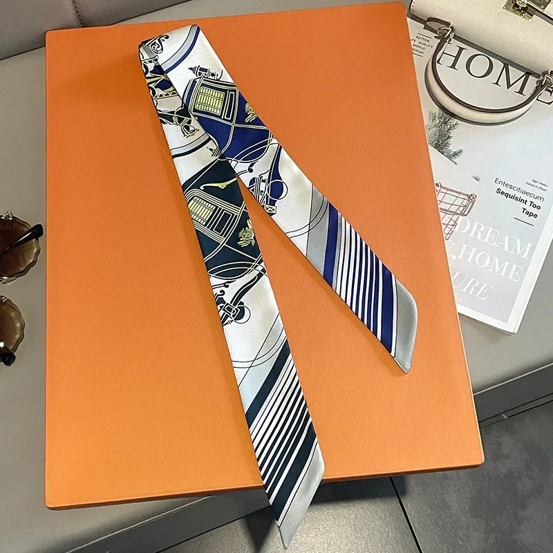 5x88CM Women New Silk Skinny Scarf Headscarf Fashion Luxury Chain Print Small Hair Scarves Long Band Lady Decorative Ties 6