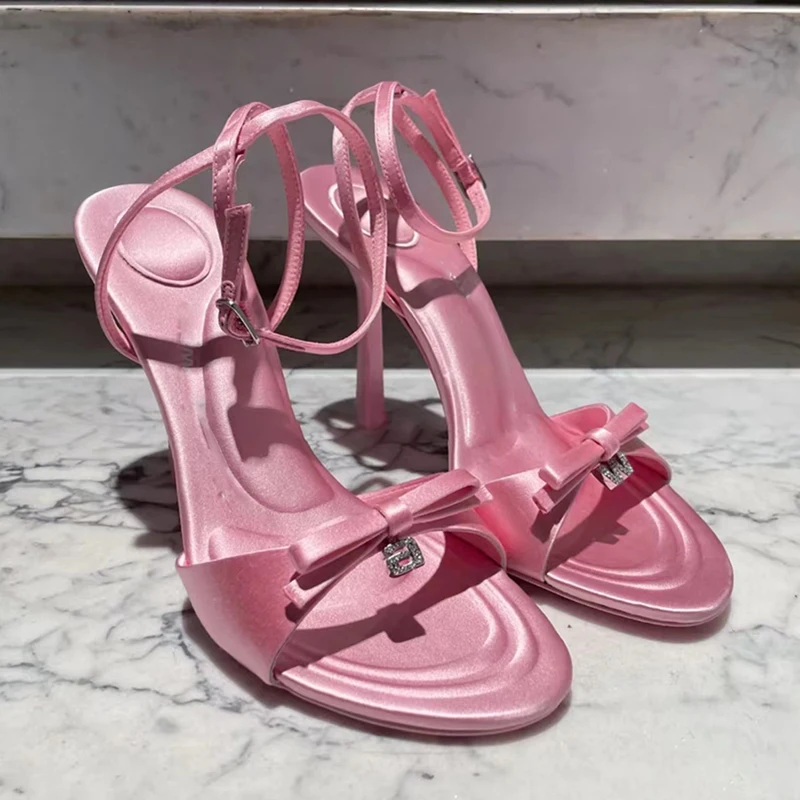 

Spring and summer new one-line bow rhinestone letter satin sandals sexy open-toed stiletto banquet dress versatile women's shoes