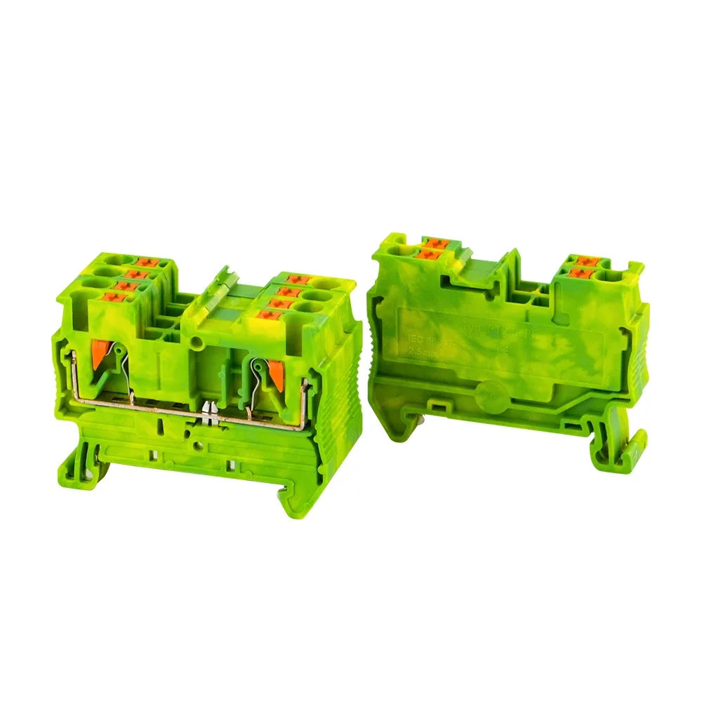 Din Rail Ground Terminal Block 10Pcs PT-2.5PE Spring Connection Feed Through Push In PT2.5-PE Wire Conductor Din Rail Terminal Block