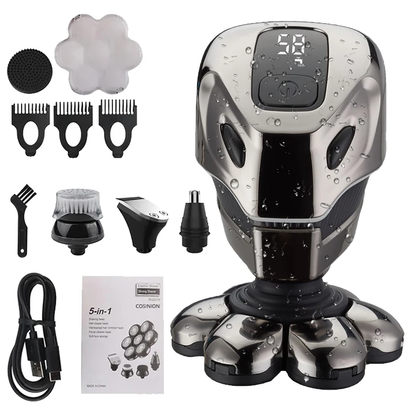 

5 In 1 Electric Shaver For Men Bald Head Polish Hair Clipper Trimmer Floating 5 Blade Heads Shaving Machine Rechargeable Razors