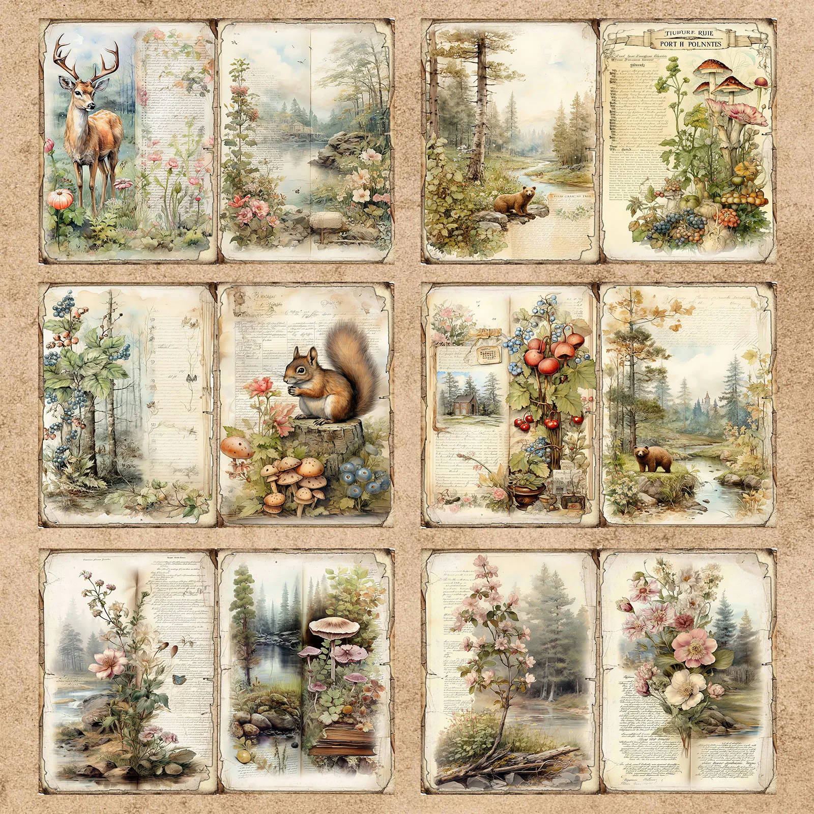레트로 숲 풍경 여우 고슴도치 토끼 학생 문구, 빈티지 그런지 저널, 계획 스크랩북, A5 사이즈, 10 매