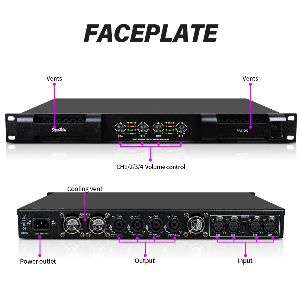 DGNOG PA41000 4옴 1300W*4 프로페셔널 4채널 디지털 앰프 1U DJ 오디오 디지털 앰프 스테이지 공연용 앰프