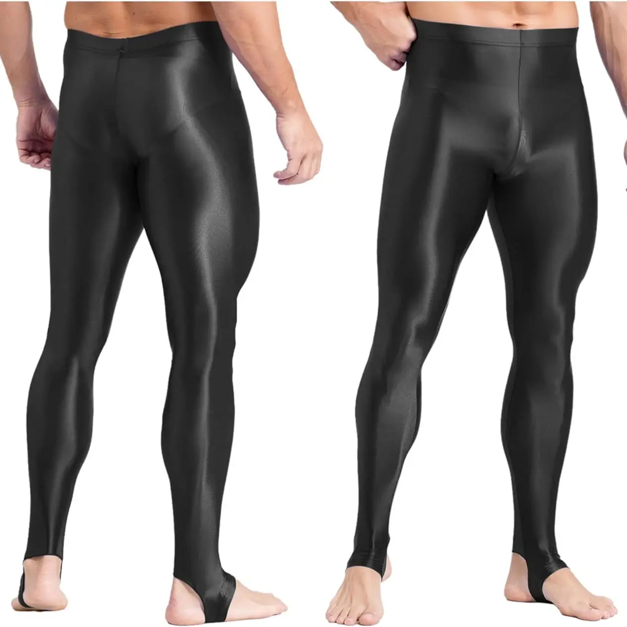 Glossy Thin Men Stirrup Yoga Leggings Plus Size High Waist Step on Foot Leggings Workout Pants for Gym Tight Bottoms