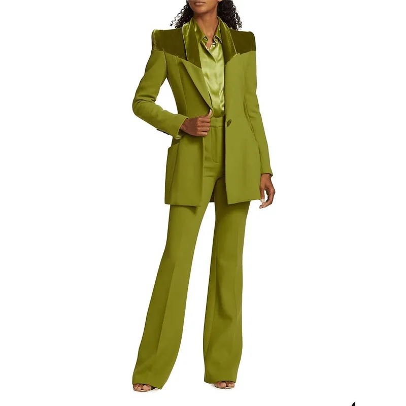 

Green Mother Guest Women Suits Pant Set Blazer+Trousers Stitching Velvet Wedding Tuxedo Jacket Formal Prom Dress Tailor Made