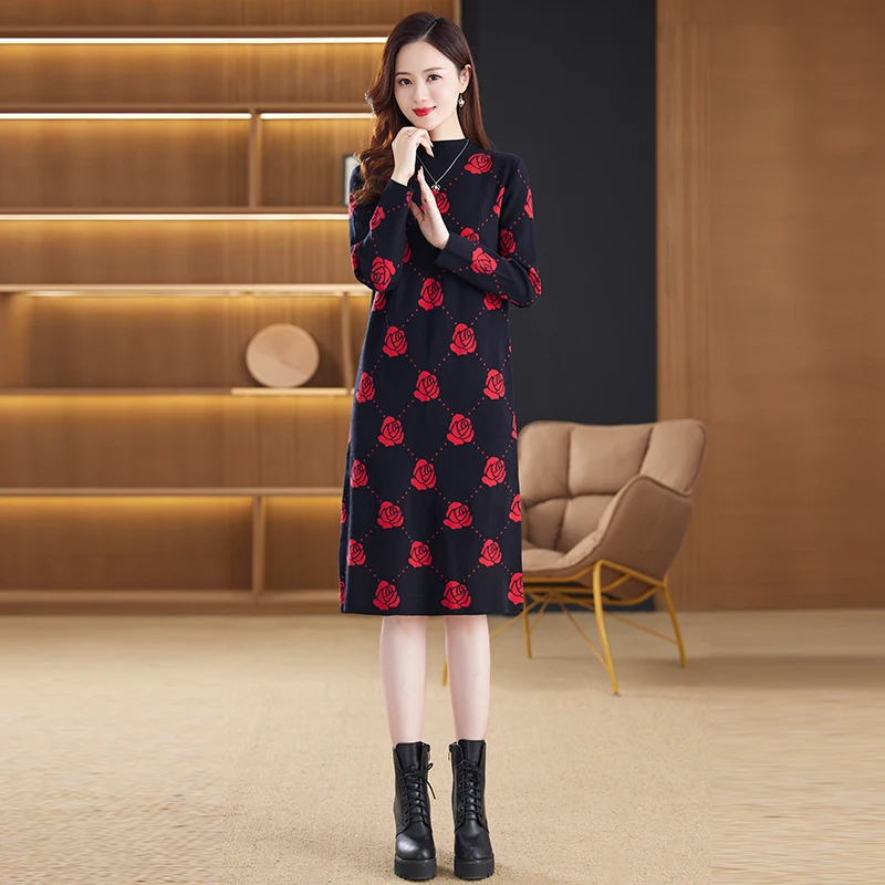 

Women's Rose Jacquard Sweate Dress Autumn Winter Retro Elegant Causal Loose Straight Knitted Dress Female Tunics