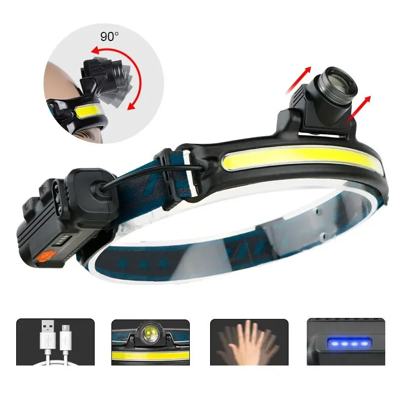 Lampe frontale à zoom USB rechargeable 6 modes COB LED pour pêche polyvalente