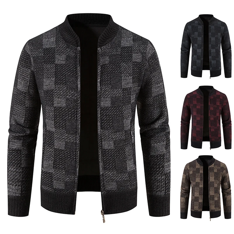 Men's Knitted Jacket Sweater Cardigan New Plaid Baseball Collar Jumper Slim Fit Thickened Warm Casual Cold Coat Winter Clothing