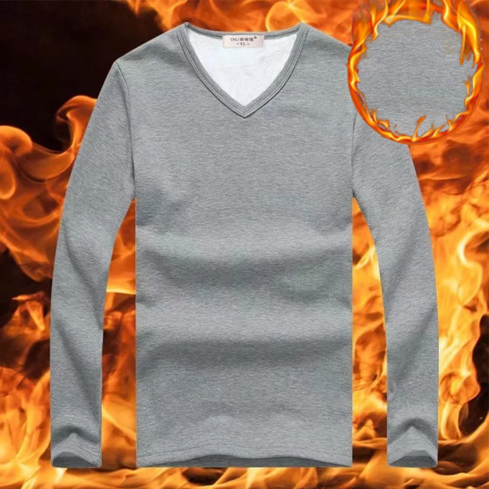 Winter Mens T-shirt Thermal Warm Undershirt V Neck Fleece Slim Fit T-shirt Long Sleeve Pullover Tops Underclothes