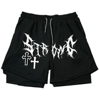 Men's Double Layer 2-in-1 Shorts Summer Gothic High Street Shorts Compression Quick Dry Breathable Fitness Joggers Casual Short 1