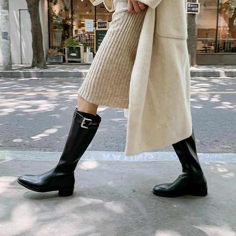

MKKHOU Fashion Knee Boots Women New High Quality Leather Round Toe Belt Buckle Middle Heel Straight Side Zipper Long Boots