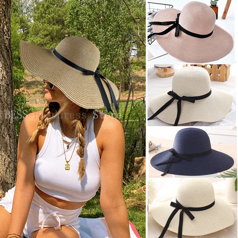 2023 New Simple Foldable Wide Brim Floppy Girls Straw Hat Sun Hat Beach Women Summer Hat UV Protect Travel Cap Lady Cap Female 1