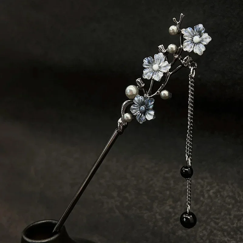 Chinese Style Ink Flower Tassel Hairpin Forks For Women Black Beads Vintage Metal Chopstick Hair Sticks Hanfu Hair Accessories
