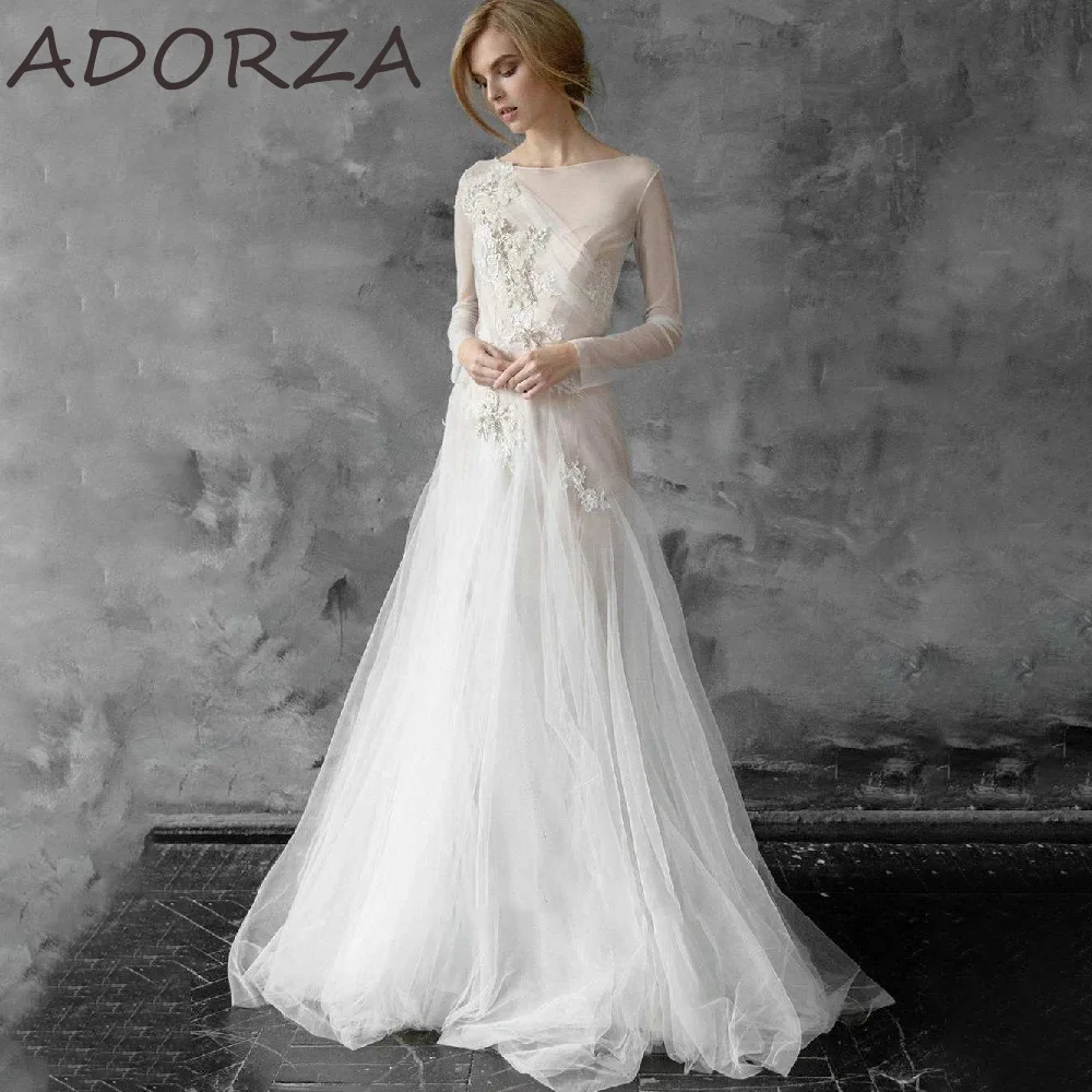 

Adorza A-line Wedding Dresses For Woman Illusion Charming Scoop Neck Lace Applique Full Sleeves váy cưới 2024 Vestidos De Novia