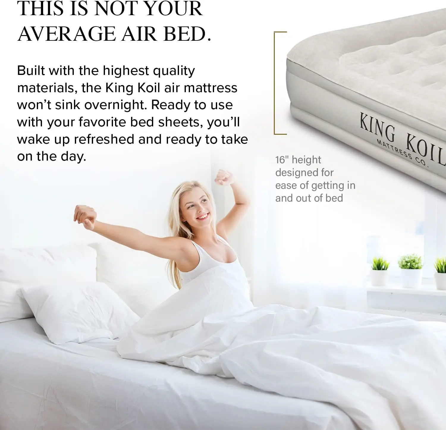 Koil Luxury Air Mattress 16in Full Size Beige with Built-in Pump for Home, Camping & Guests-Inflatable Airbed Luxury Double High