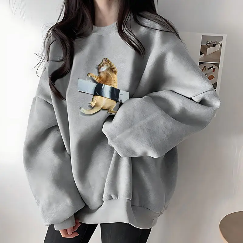 Trendy Cat Print Thick Hoodies Pullover Round Neck Men And Women Lazy Style Loose Oversized Casual Autumn Top Vintage Streetwear