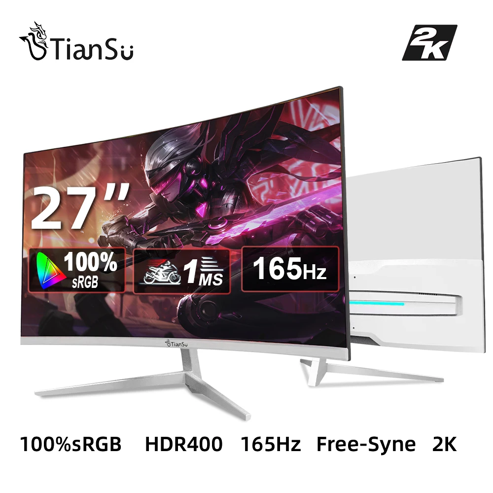 

Tiansu Curved Monitor 27 inch 2K 144Hz/165Hz Display Computer Gaming Screen HDMI / DP 1MS-2MS-GTG HDR Resolution 2560*1440p