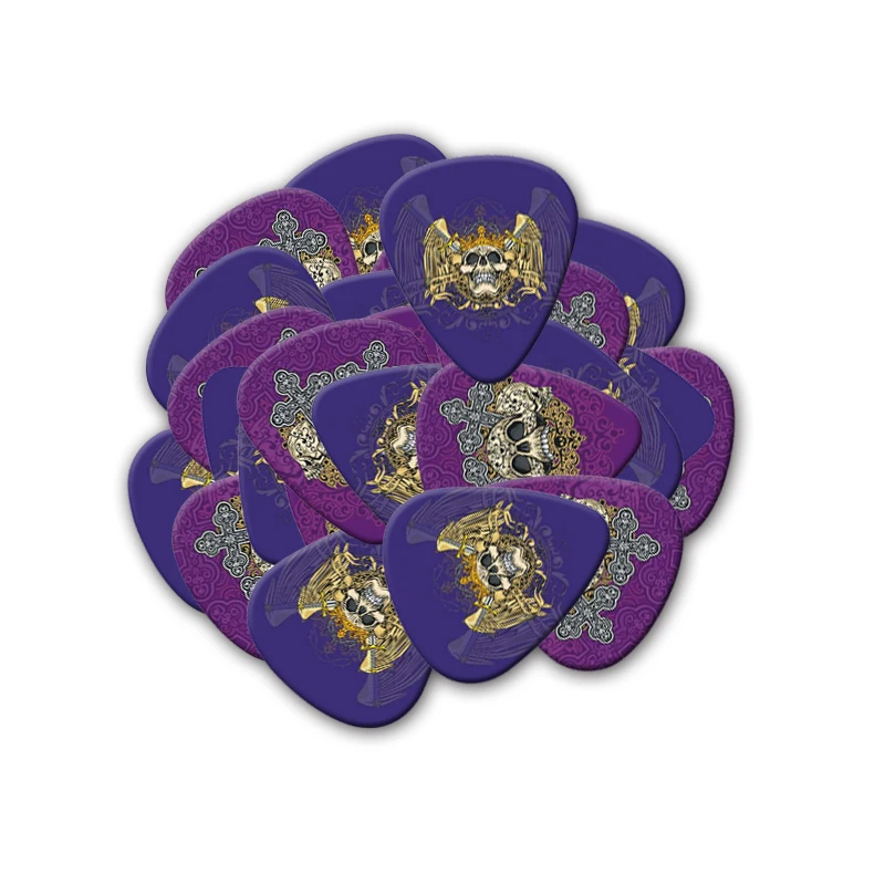 Guitar Picks 10Pcs/lot 0.71 0.46 1.0mm Thickness Cartoon Golden Skull Pattern Guitar Paddles Parts Accessories