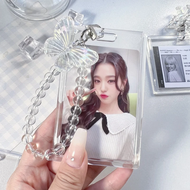 INS 크리스탈 나비 포토카드 거치대 투명 사진 슬리브, 학생 버스 ID 카드 케이스, 케이팝 아이돌 사진 카드 보호대, 3 인치 